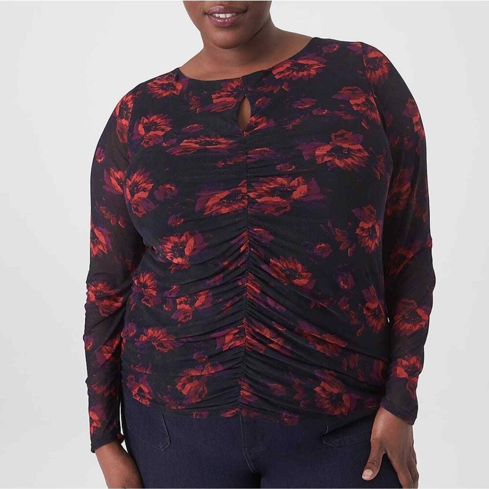 Lane Bryant Fitted Black and Red Floral Ruched-Front Mesh Top size 10-12 large